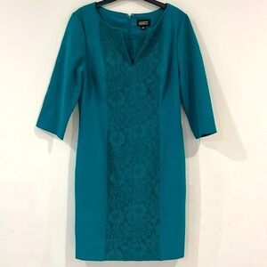 Adrianna Papell Teal Blue Green Lace 3/4 sleeves Sheath Dress size 8